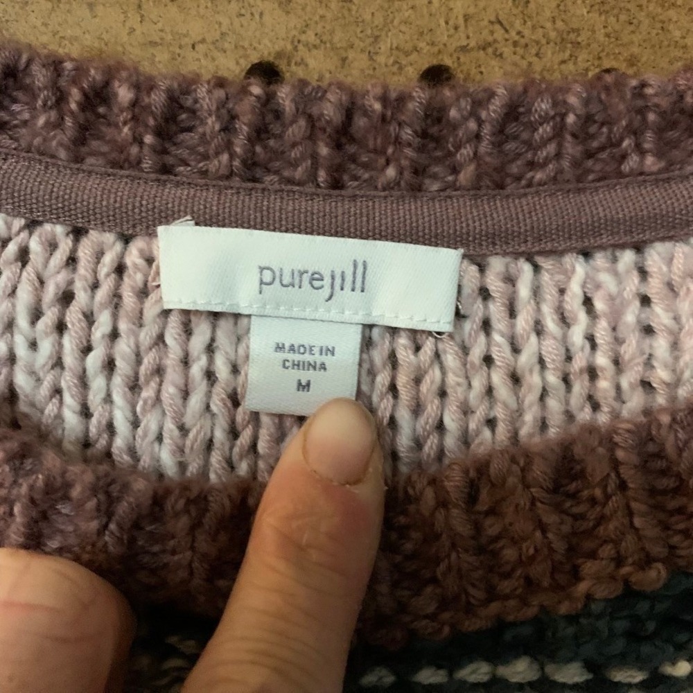 Pure Jill Striped Knit Sweater Pink Blue Gray Brown Oversized Medium Boho Mature - Picture 3 of 5